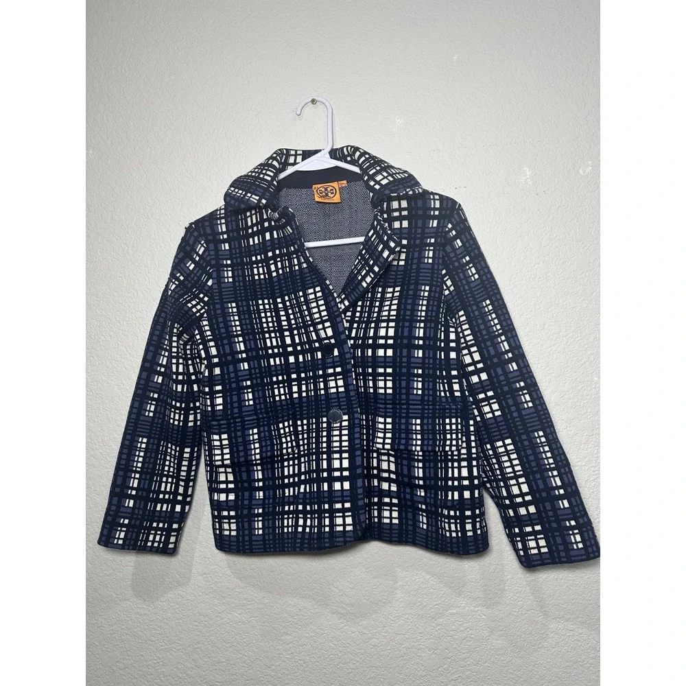 Tory Burch Navy Blue Plaid Knit Blazer Jacket Womens XS Cotton Blend